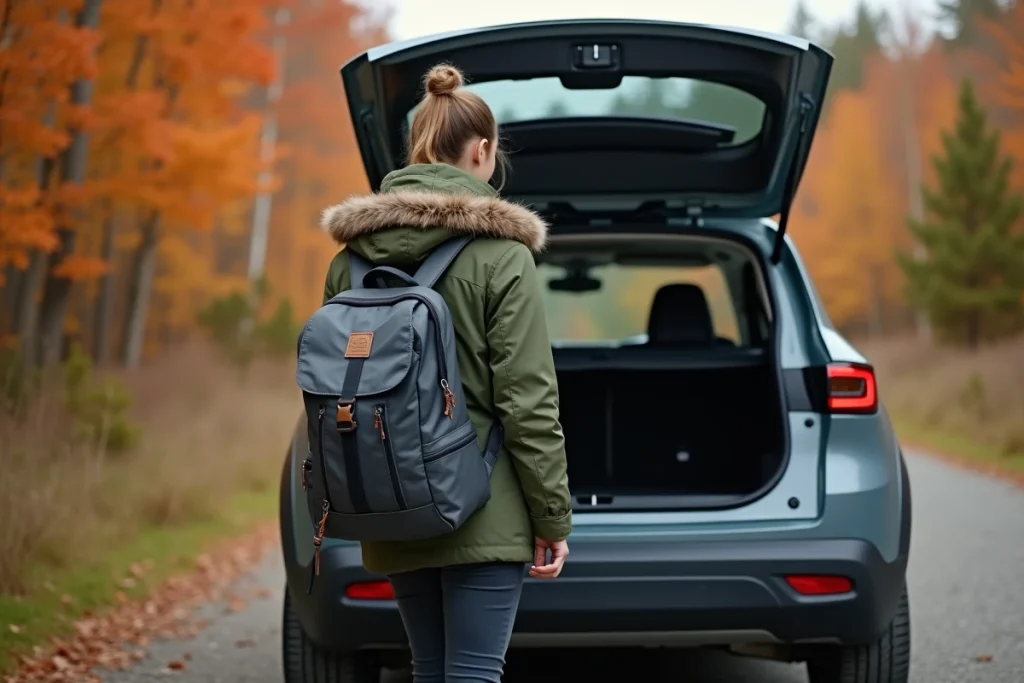 Femme chargeant un sac à dos dans le coffre d'un SUV électrique 4x4 compact au départ d'un sentier forestier en automne