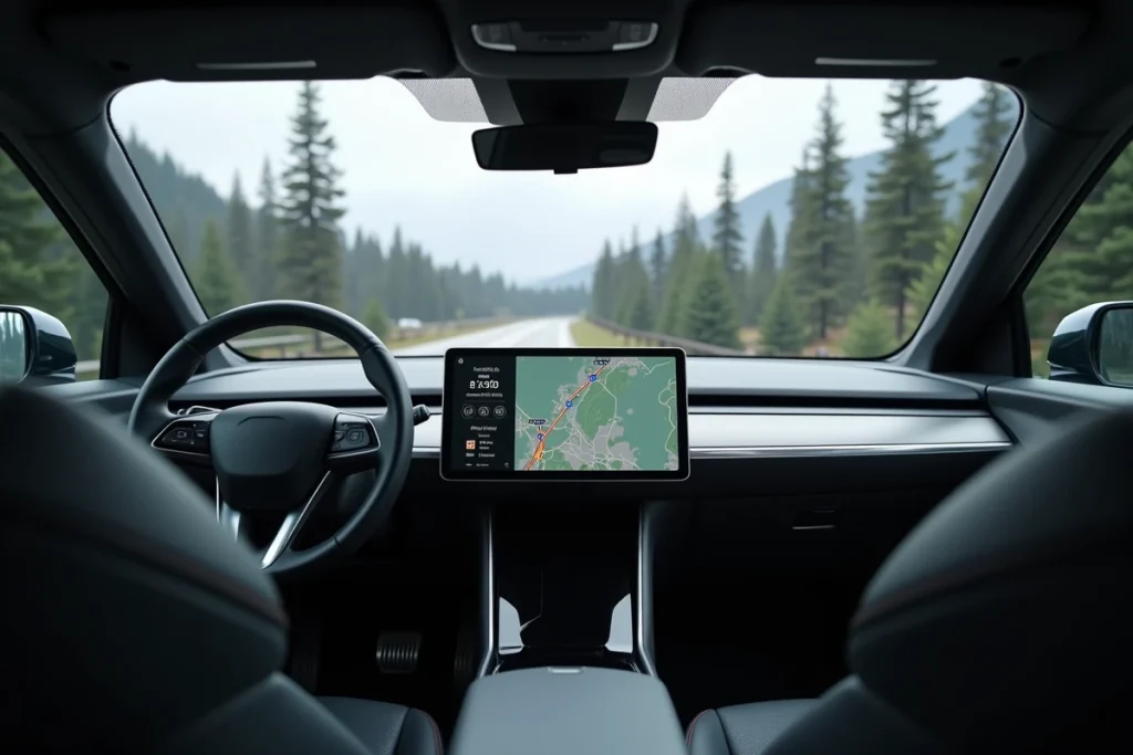 Tableau de bord intérieur d'un SUV électrique compact avec écran tactile affichant navigation urbaine et tout-terrain, vue depuis le siège passager