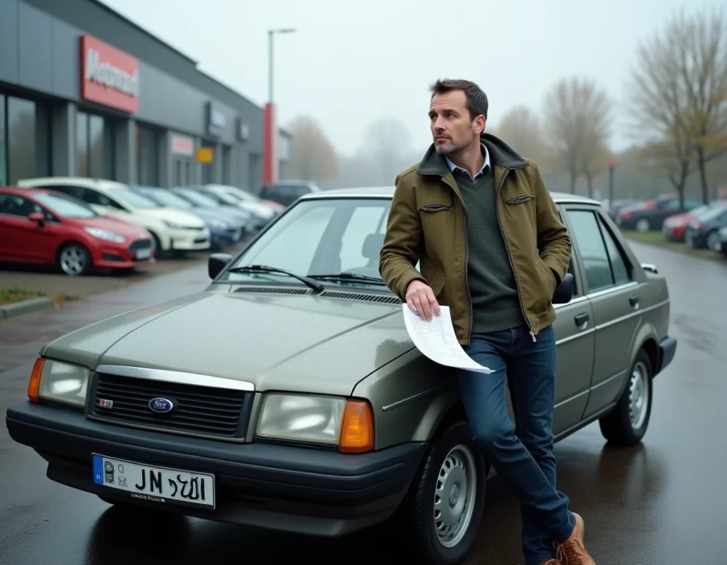 Un journaliste automobile appuyé contre une LADA Vesta d'occasion dans un parc automobile en France