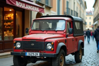 Une LADA Niva 4x4 rouge garée dans une rue pavée d'une ville française, avec une boulangerie en arrière-plan
