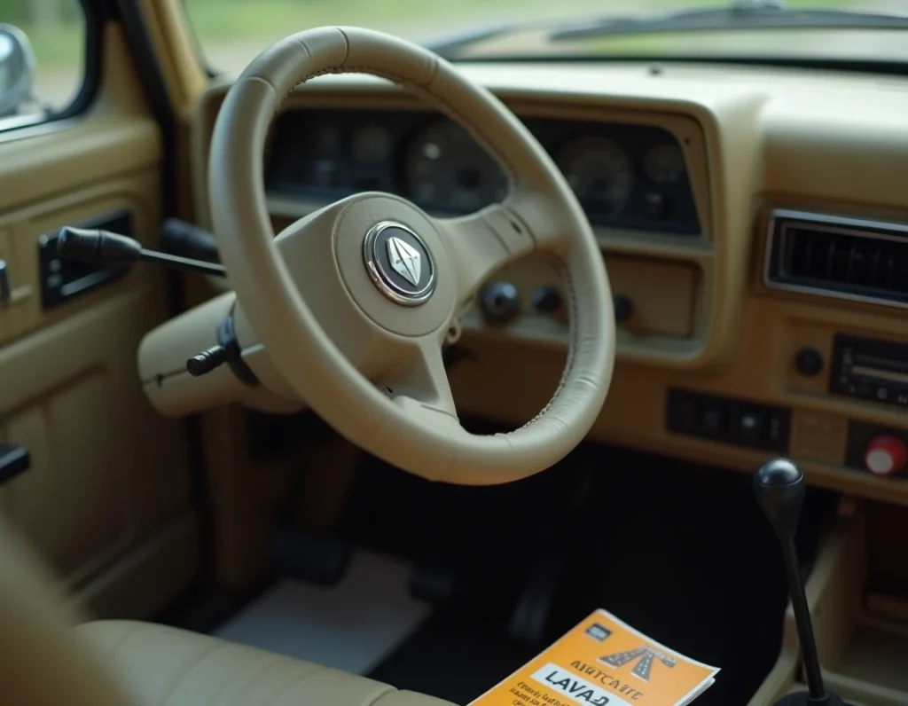 Gros plan sur le logo LADA sur un volant avec un intérieur de véhicule ancien et un billet de péage français