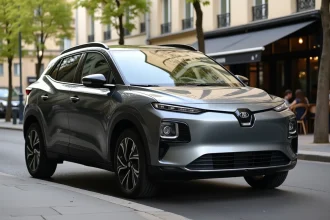 SUV électrique compact garé dans une rue urbaine parisienne aux facades haussmanniennes, vu de trois quarts avant