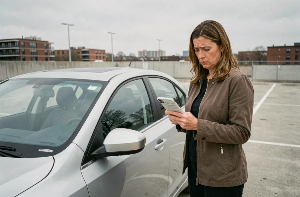 Femme consultant son téléphone avec un certificat d'immatriculation en main près de sa voiture, symbolisant les sanctions liées au non-transfert de carte grise