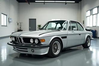 BMW 3.0 CSL de collection argentée dans un garage minimaliste, vue avant trois quarts bas, chromés et carrosserie aérodynamique d'époque