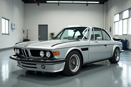 BMW 3.0 CSL de collection argentée dans un garage minimaliste, vue avant trois quarts bas, chromés et carrosserie aérodynamique d'époque