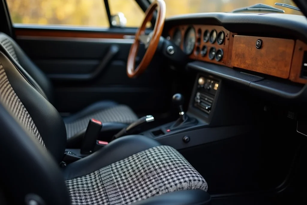 Intérieur d'origine de la BMW 3.0 CSL avec sièges Recaro à carreaux, volant Nardi en bois et tableau de bord d'époque patiné