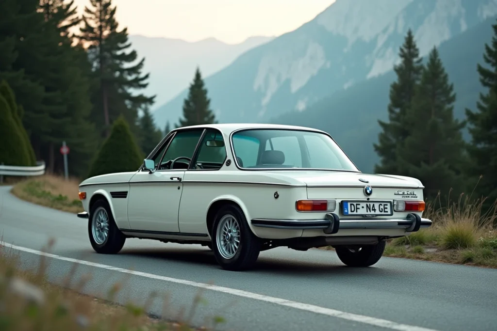 BMW 3.0 CSL blanche restaurée sur une route alpine, vue de profil, carrosserie iconique et jantes Mahle d'époque dans un cadre montagnard