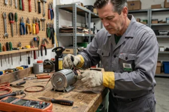 Électricien professionnel connectant un condensateur sur un moteur électrique monophasé dans un atelier