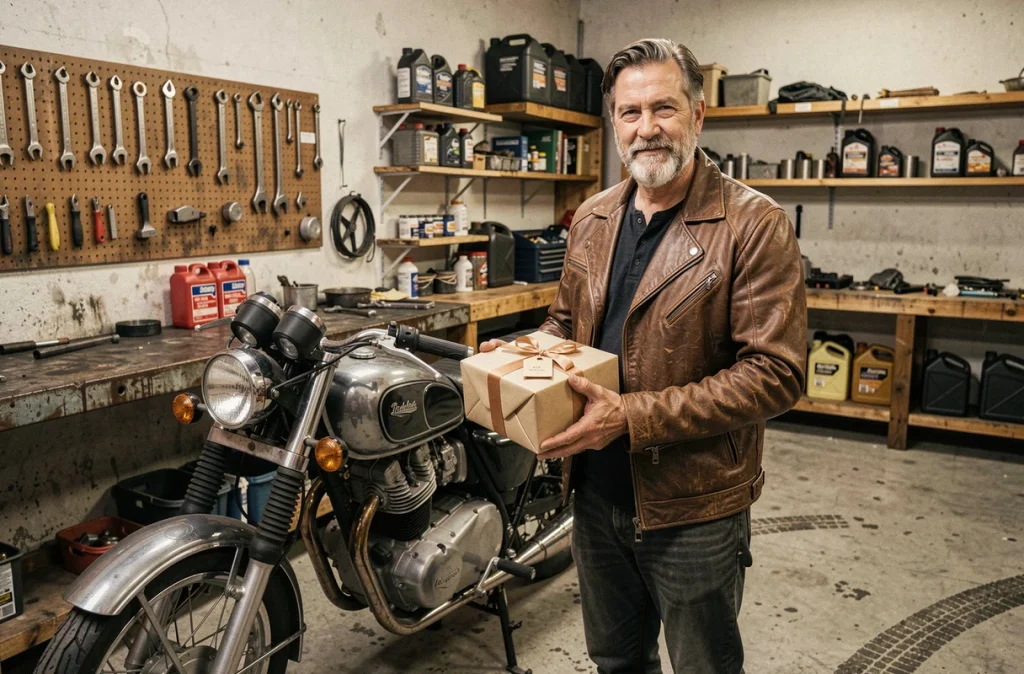 Motard en veste de cuir dans un garage tenant un cadeau de Noël moto original