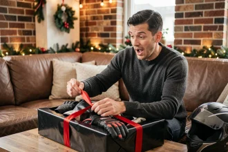 Homme découvrant un cadeau de Noël moto avec casque et accessoires de motard sur une table basse