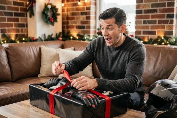 Homme découvrant un cadeau de Noël moto avec casque et accessoires de motard sur une table basse