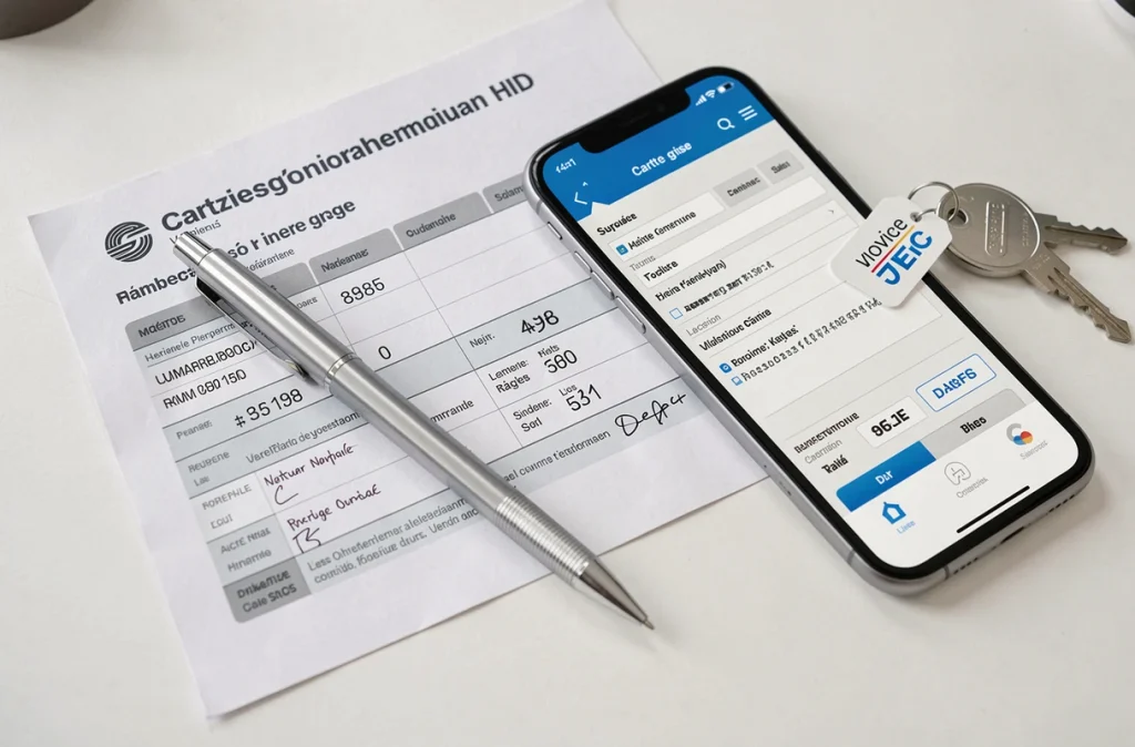 Carte grise, smartphone et clés de maison posés sur un bureau illustrant le changement d'adresse après déménagement