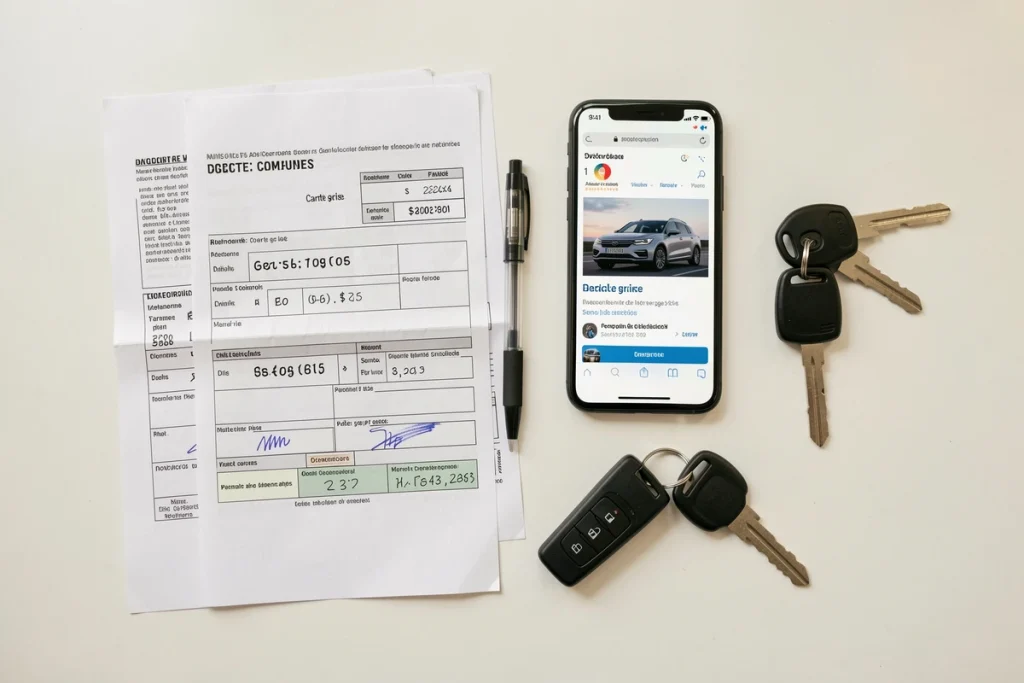 Vue de dessus d'une carte grise française posée sur un bureau avec clés de voiture et smartphone