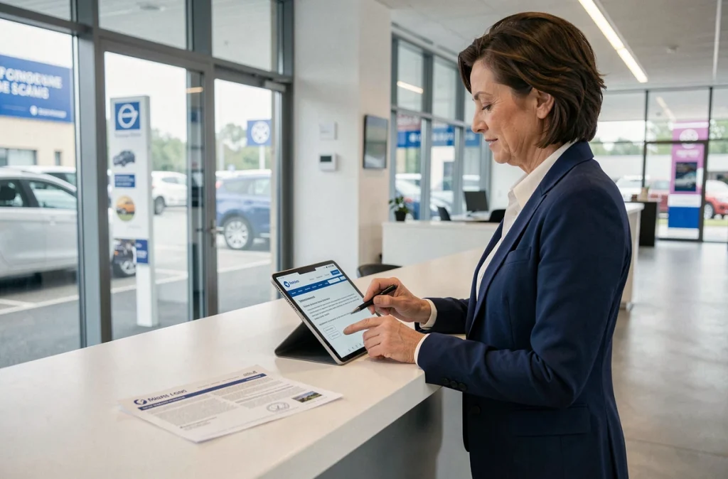 Femme complétant une déclaration de cession de véhicule sur tablette dans une concession automobile