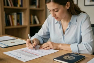 Femme remplissant une demande de changement de nom sur une carte grise après mariage à son bureau