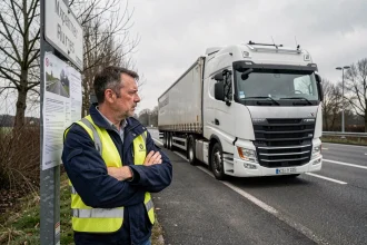 Chauffeur de poids lourd consulte une notice d'interdiction de circulation devant son camion articulé sur une aire de repos française
