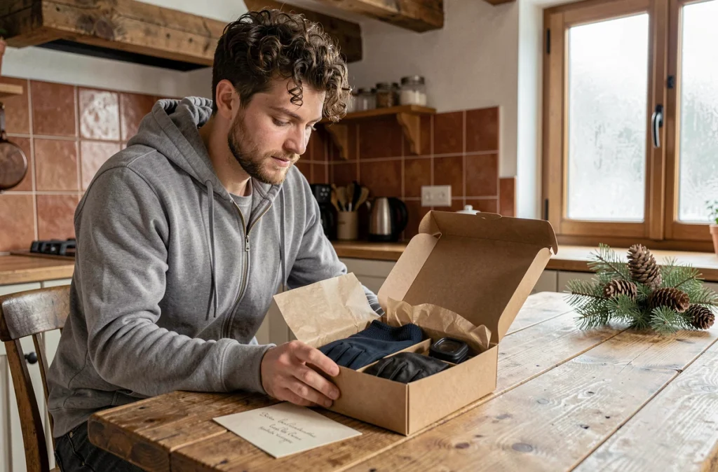 Jeune homme découvrant un coffret cadeau accessoires moto sur une table en bois à Noël