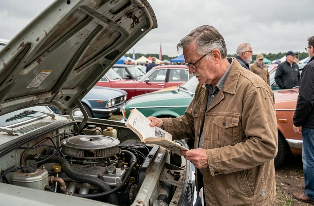 Collectionneur inspectant le compartiment moteur arrière d'une Renault 8 Major lors d'un rassemblement de voitures classiques