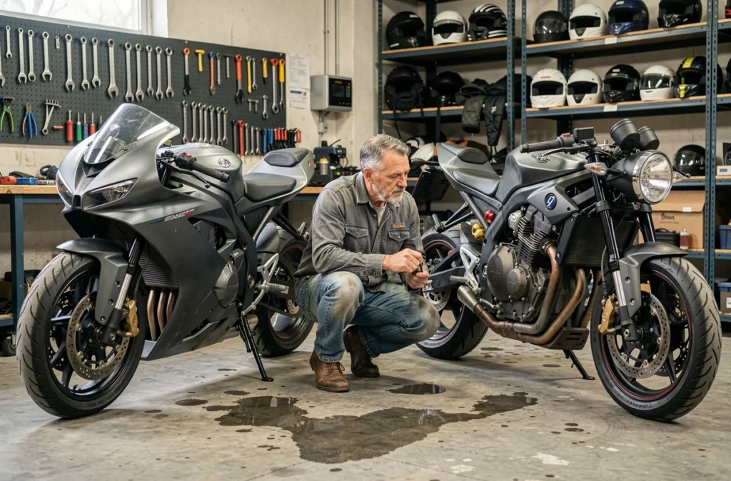 Mécanicien comparant une moto puissante et une moto coupleux dans un atelier moto urbain