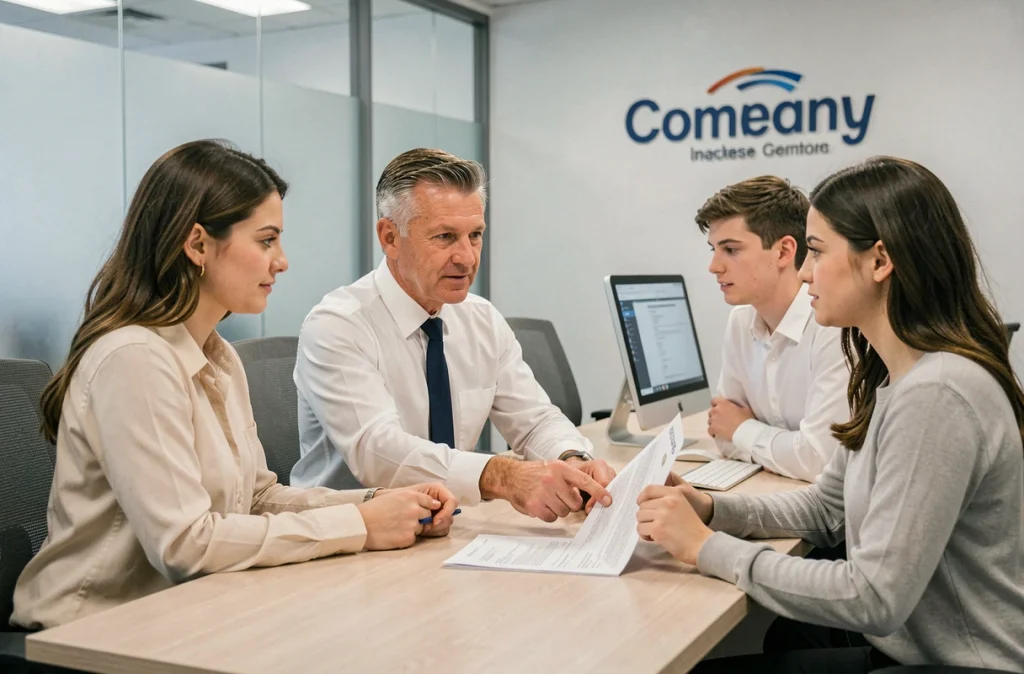 Agent d'assurance expliquant les conditions d'un contrat auto à un couple lors d'une démarche de mutation administrative