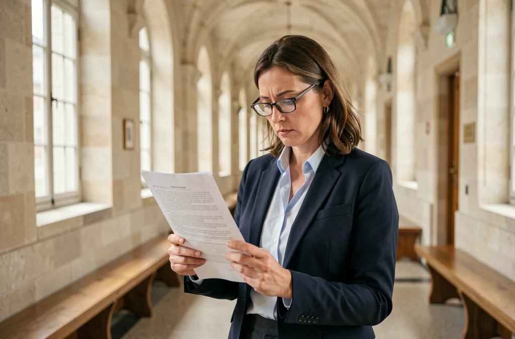 Femme consultant un document juridique relatif à une contravention de 5ème classe dans un couloir de palais de justice