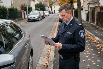 Agent de police remettant un procès-verbal de contravention de 5ème classe à un automobiliste arrêté en bord de route