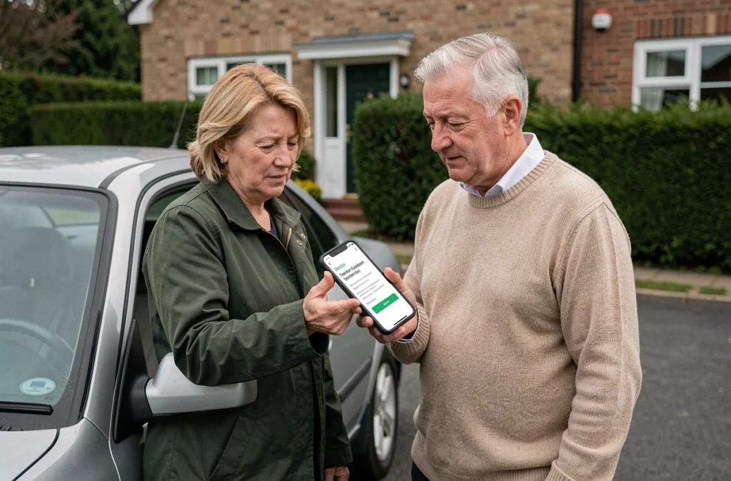 Couple finalisant la déclaration de cession de leur voiture d'occasion en ligne depuis un smartphone dans leur allée