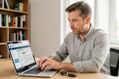 Homme remplissant une déclaration de cession de véhicule en ligne sur un ordinateur portable à son bureau à domicile
