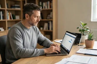 Homme effectuant une demande de carte grise en ligne sur un ordinateur portable depuis son bureau à domicile