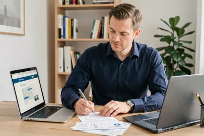 Homme remplissant un formulaire de demande d'immatriculation temporaire en Belgique à son bureau