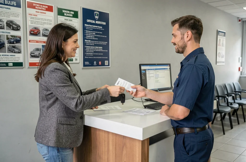 Conductrice remettant ses documents au comptoir d'un centre de contrôle technique officiel