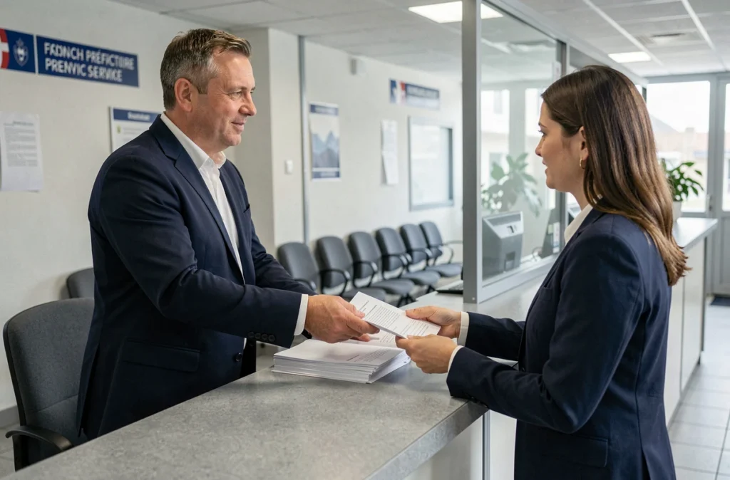 Homme déposant ses documents en préfecture pour modifier le nom sur sa carte grise après divorce