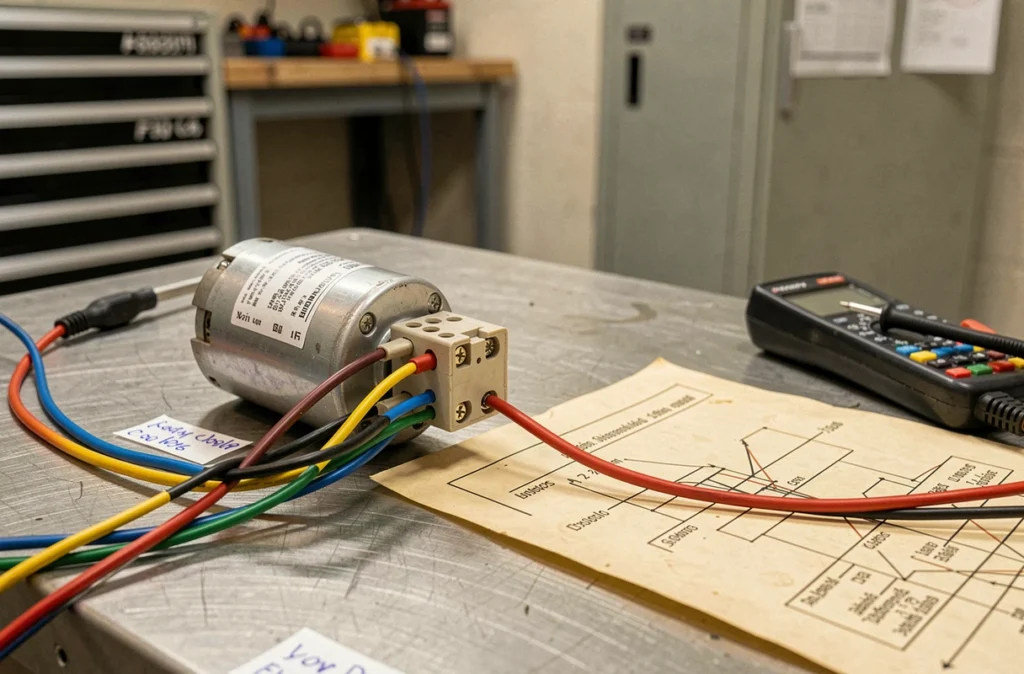 Gros plan sur le branchement des fils d'un condensateur de démarrage sur un moteur électrique