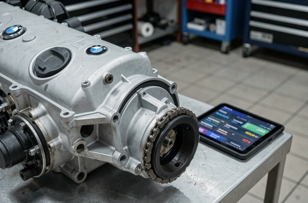 Détail du cache-culbuteurs et de la distribution du moteur diesel BMW B47 en atelier