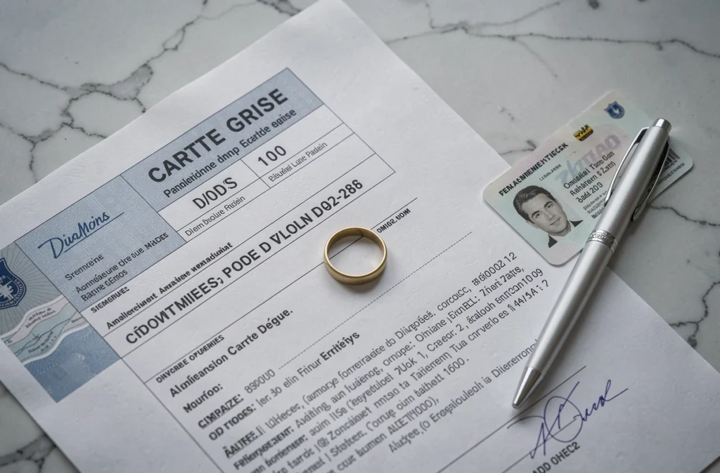 Vue en plongée des documents nécessaires pour changer de nom sur une carte grise suite à un mariage ou un divorce