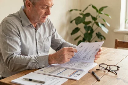 Homme consultant les documents nécessaires pour vendre une voiture d'occasion en Belgique, assis à une table avec papiers officiels et certificat de conformité