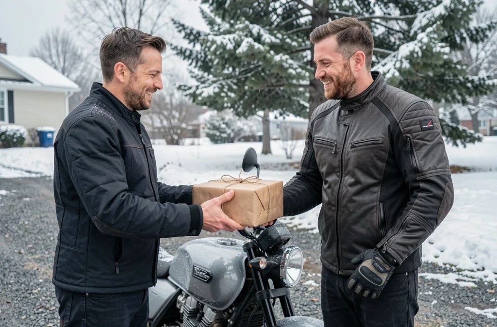 Deux amis échangeant un cadeau de Noël moto en extérieur hivernal près d'une moto garée