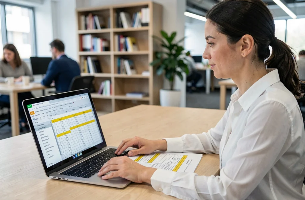 Femme consultant un tableau de conversion de puissance CV kW sur ordinateur portable et feuille imprimée au bureau