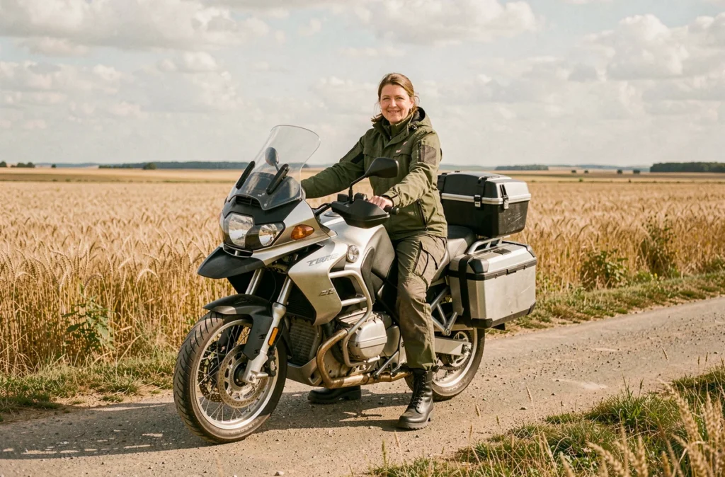 Femme motarde sur une moto de tourisme coupleux au milieu de champs de blé dorés en campagne