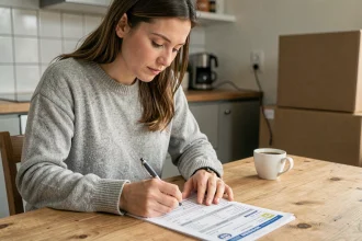 Femme remplissant une carte grise après un déménagement dans sa cuisine entourée de cartons