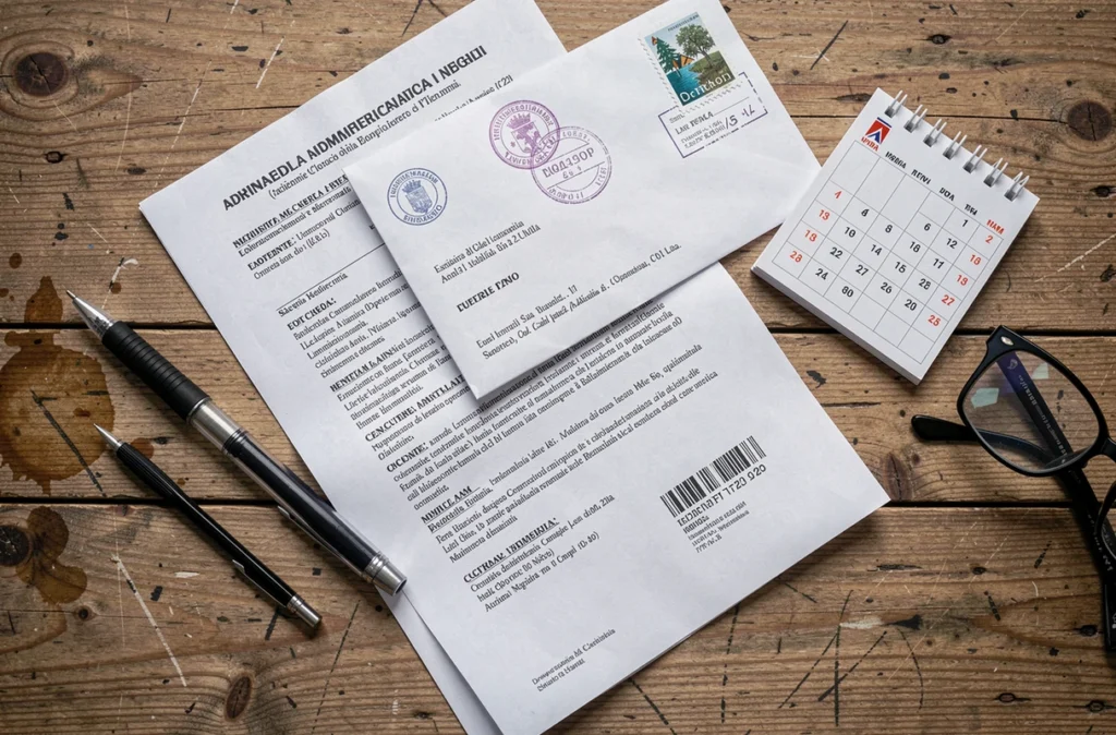 Gros plan sur une amende italienne et son enveloppe timbrée avec cachet postal tardif sur un bureau en bois