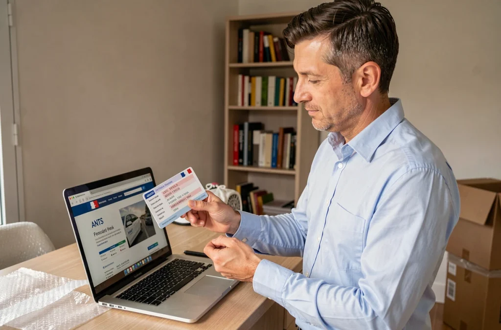Homme consultant le site ANTS sur ordinateur pour changer l'adresse de sa carte grise