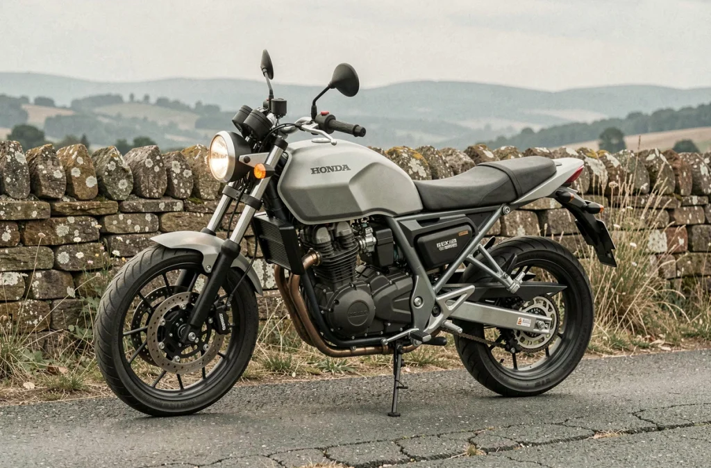Honda XL 500 modernisée avec frein Brembo et phare LED garée contre un mur en pierre en campagne française