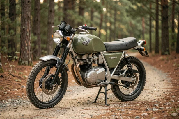 Honda XL 500 restaurée modernisée sur un chemin forestier avec réservoir matte olive et guidon flat-track