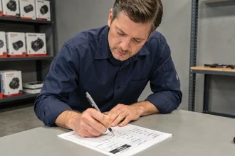 Ingénieur automobile consultant un tableau de conversion CV en kW dans un atelier professionnel