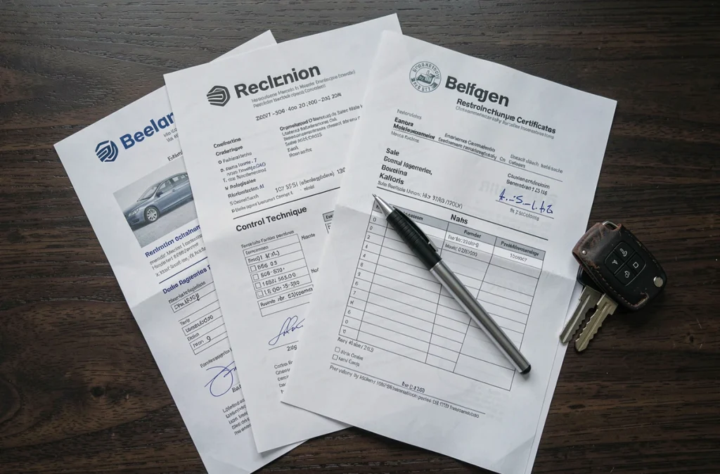 Vue de dessus des documents obligatoires pour vendre une voiture d'occasion en Belgique, incluant certificat d'immatriculation, contrôle technique et contrat de vente