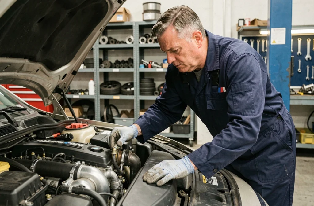 Mécanicien expert inspectant le turbocompresseur d'un moteur BMW M47 lors d'un diagnostic en atelier
