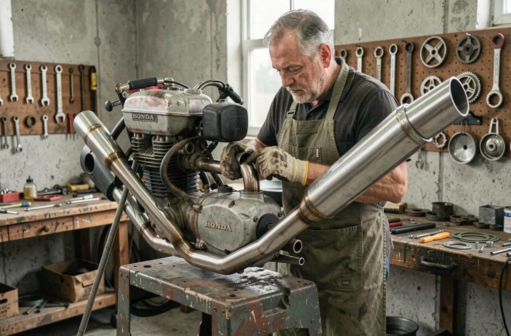 Mécanicien installant un échappement inox moderne sur un moteur Honda XL 500 dans un atelier vintage
