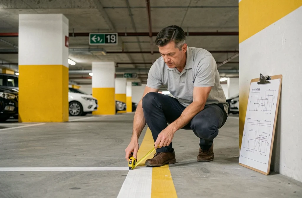 Responsable de site mesurant la largeur d'une place de parking en sous-sol d'un bâtiment d'entreprise