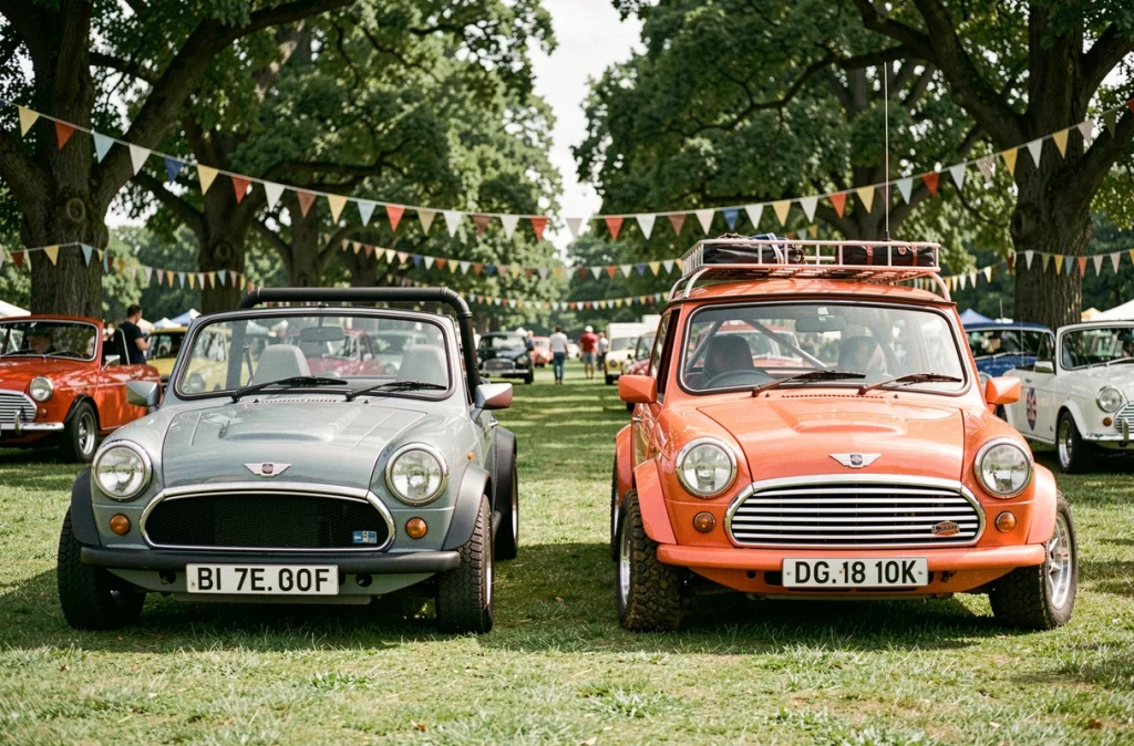 Comparaison de deux Mini Moke côte à côte lors d'un rassemblement de voitures classiques, l'une d'origine et l'autre avec des options et préparations qui valorisent le modèle